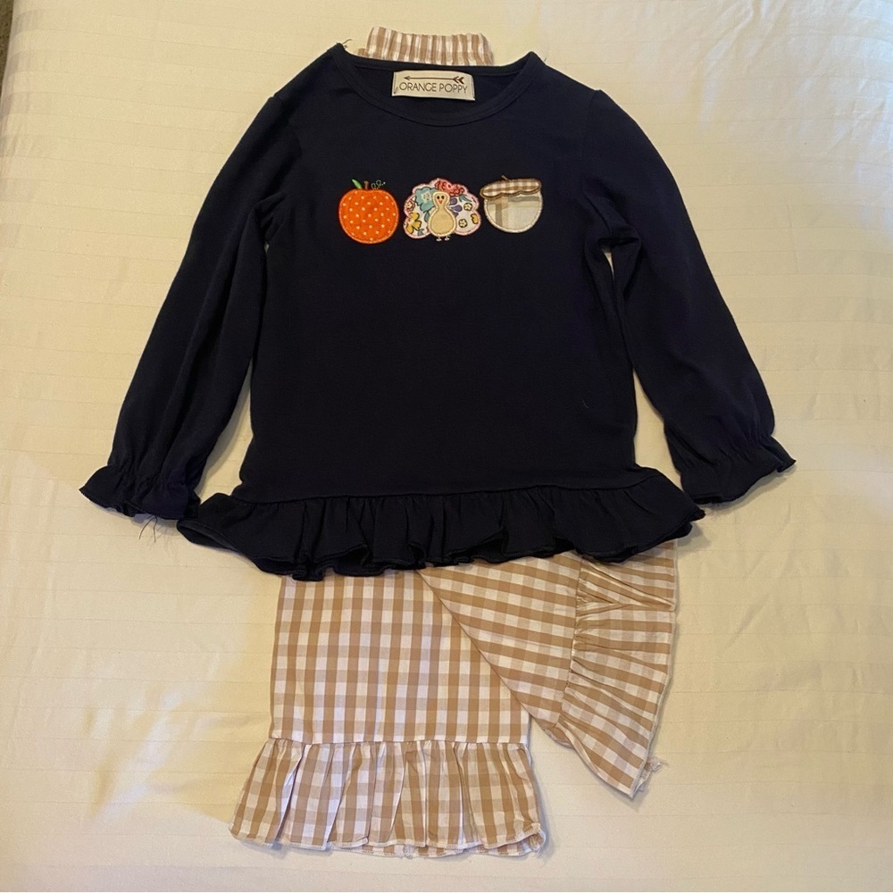 Orange Poppy 2 Piece Thanksgiving Fall Applique Ruffle Gingham Outfit Navy 5-6T